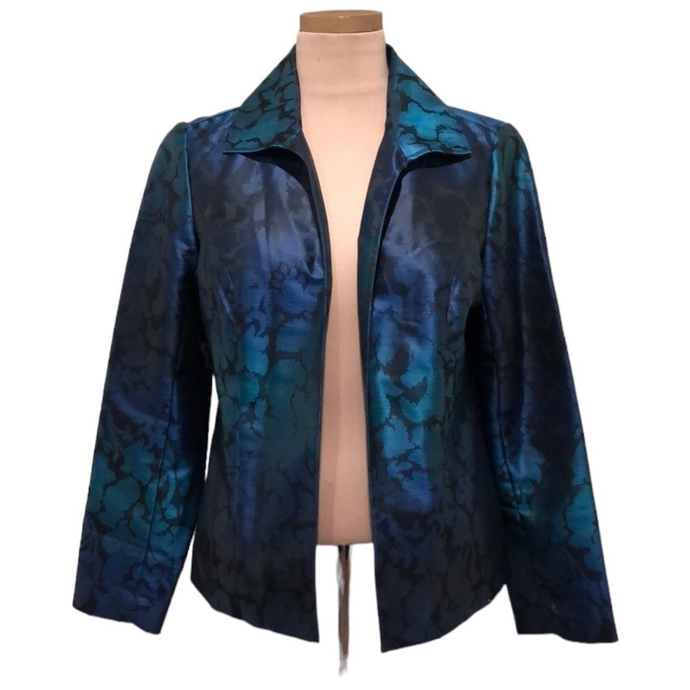 Chico’s Blazer Jacket Size 4 Blue Green Ombre Floral Pattern